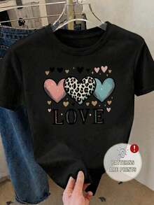 Camiseta Casual de Manga Corta para Mujer con Cuello Redondo, Estampado de Corazón y Leopardo, Bajo Regular, Tela de Poliéster - Negro - Ver 10