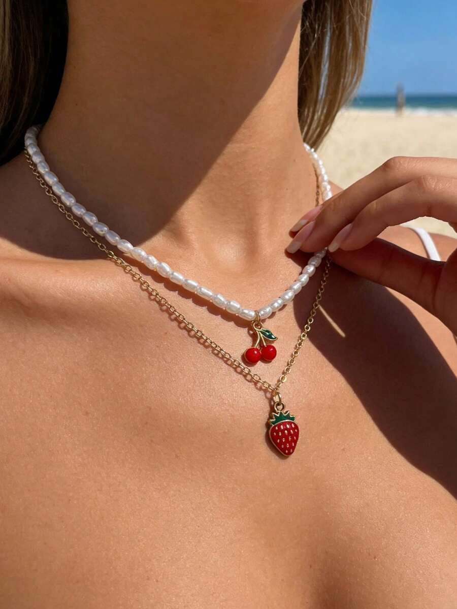 2pcs Vintage Fashionable Sexy Elegant Delicate Strawberry & Cherry Pendant Necklace Set, Suitable For Women's Daily Casual, Party, Music Festival Wear, Holiday Gift - Multicolor - View 1