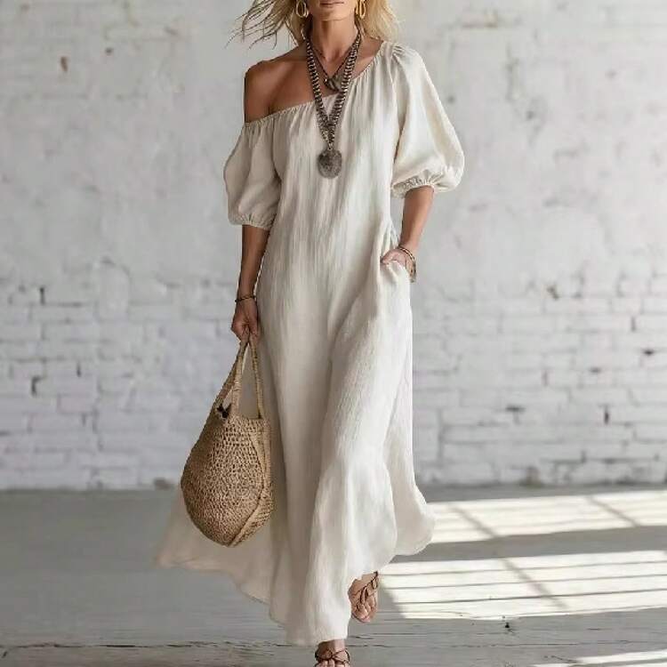 Slimming, Loose-Fitting Linen Maxi Dress With Off-The-Shoulder Design And Lantern Sleeves For European And American Holidays 2026 - 白色 - 查看 4