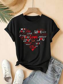 ¡Oferta por tiempo limitado, unidades limitadas,  relámpago! Camisas casuales para mujer, camisetas de poliéster para mujer, camisas elegantes. Camiseta casual de cuello redondo para mujer con estampado gráfico de corazones "Te amo", manga corta, tejido de poliéster suave, ideal para todas las estaciones - Azul con diseño de corazones rojos - Negro - Ver 2