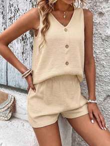 LUNE Conjunto De Camiseta Sin Mangas Y Pantalones Cortos De Color Sólido Para Mujer Con Cuello En V - Albaricoque 2 - Ver 5