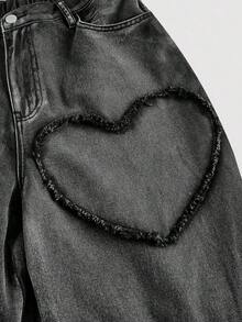 MOD Jeans rectos de algodón con estampado de corazones rosas para tallas grandes - Negro - Ver 4