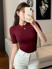 Top casual de cuello redondo para mujer, para uso diario - Burdeos - Ver 7