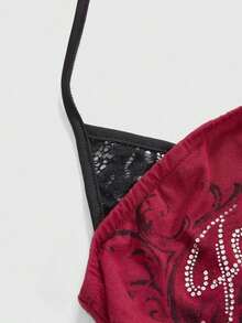 Conjunto de concierto Y2K para mujer, top corto de algodón con contraste de encaje y estampado de calavera punk en 2 en 1 - Multicolor - Ver 3