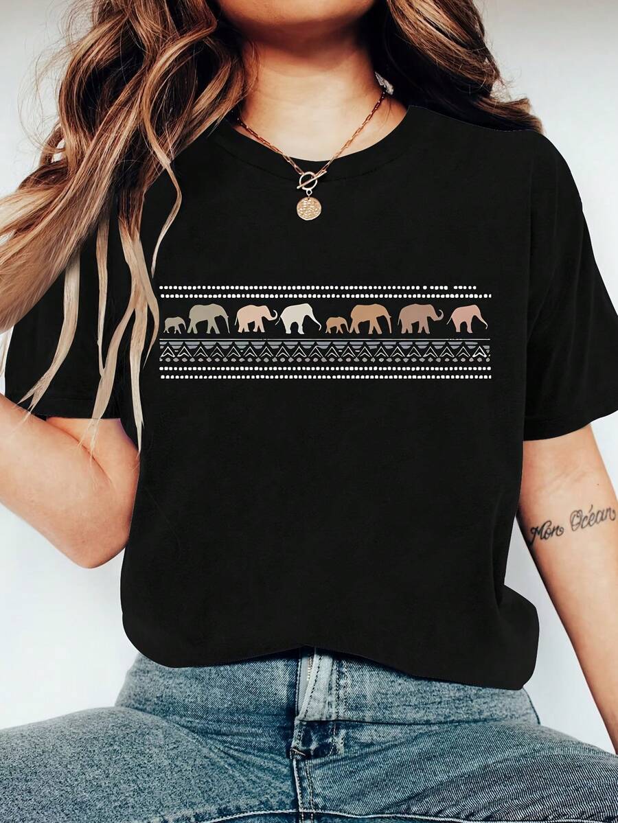 Camiseta casual de mujer con cuello redondo y diseño divertido de manada de elefantes