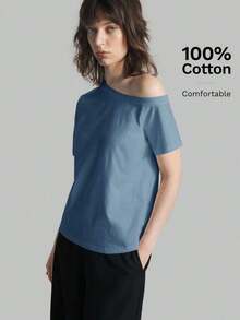 2026SS Nueva Blusa de Mujer de unicolor con Hombros Descubiertos, Uso Casual Diario, Camiseta de Manga Corta Holgada, Blusas de Verano para Mujer, Casual de Negocios, Vacaciones, Playa, Fiesta de Cumpleaños, Atuendo de Maestra, Regreso a Clases - Celeste - Ver 5