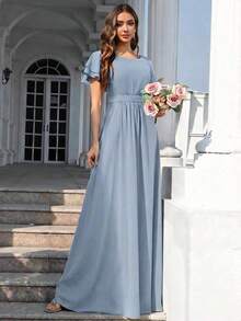 Vestido de dama de honor de gasa con volantes y mangas cortas con volantes, cuello de barco, estilo elegante para boda, color eucalipto - Niebla azul - Ver 5