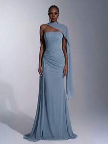 Vestido elegante de tela de gasa sin tirantes con forma de sirena, cintura baja, plisado lateral y drapeado (desmontable, multiusos) adecuado para citas, vacaciones, bodas, compras, uso diario, vestido de dama de honor - Niebla azul - Ver 7