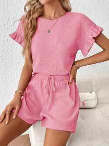 Conjunto de 2 piezas para mujer: Top de manga corta y shorts de cintura elástica - Rosa - Ver 1