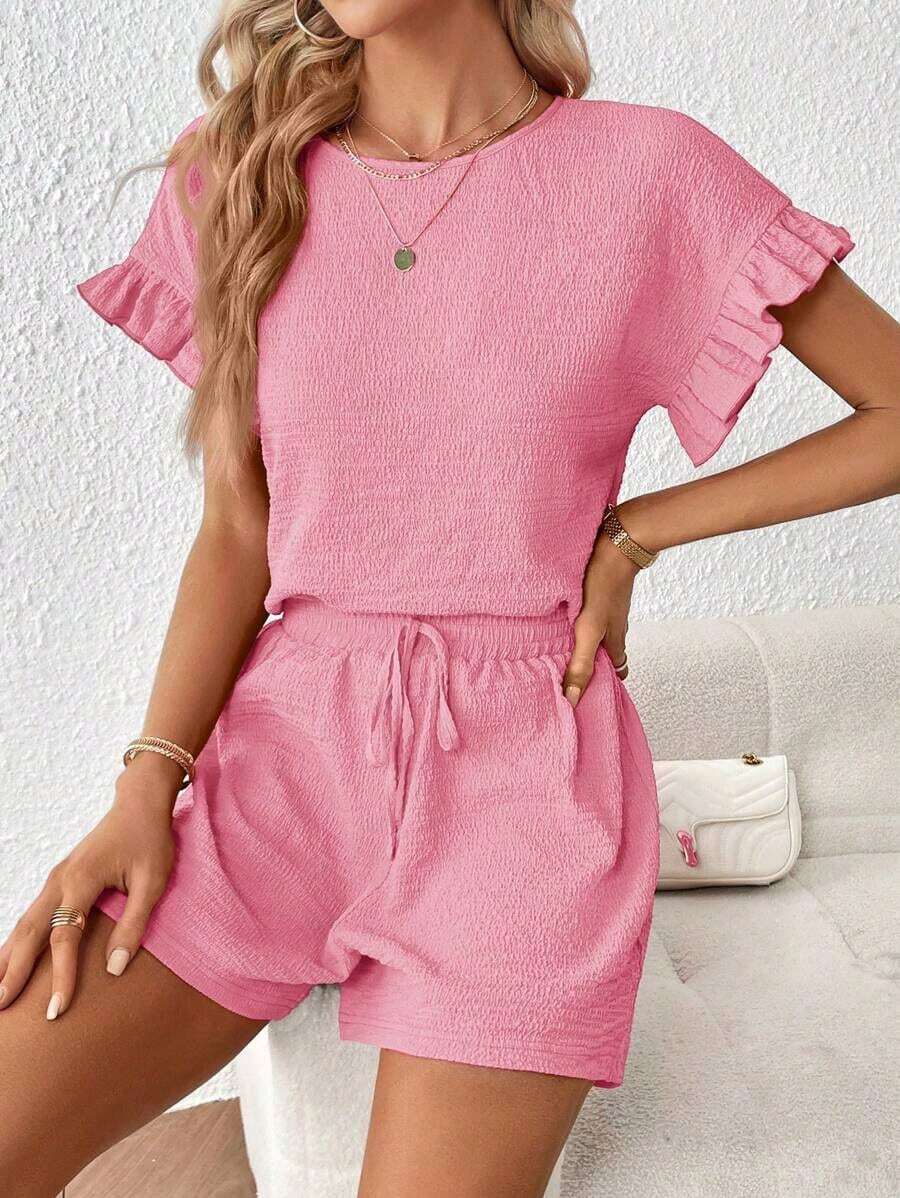 Conjunto de 2 piezas para mujer: Top de manga corta y shorts de cintura elástica - Rosa - Ver 1