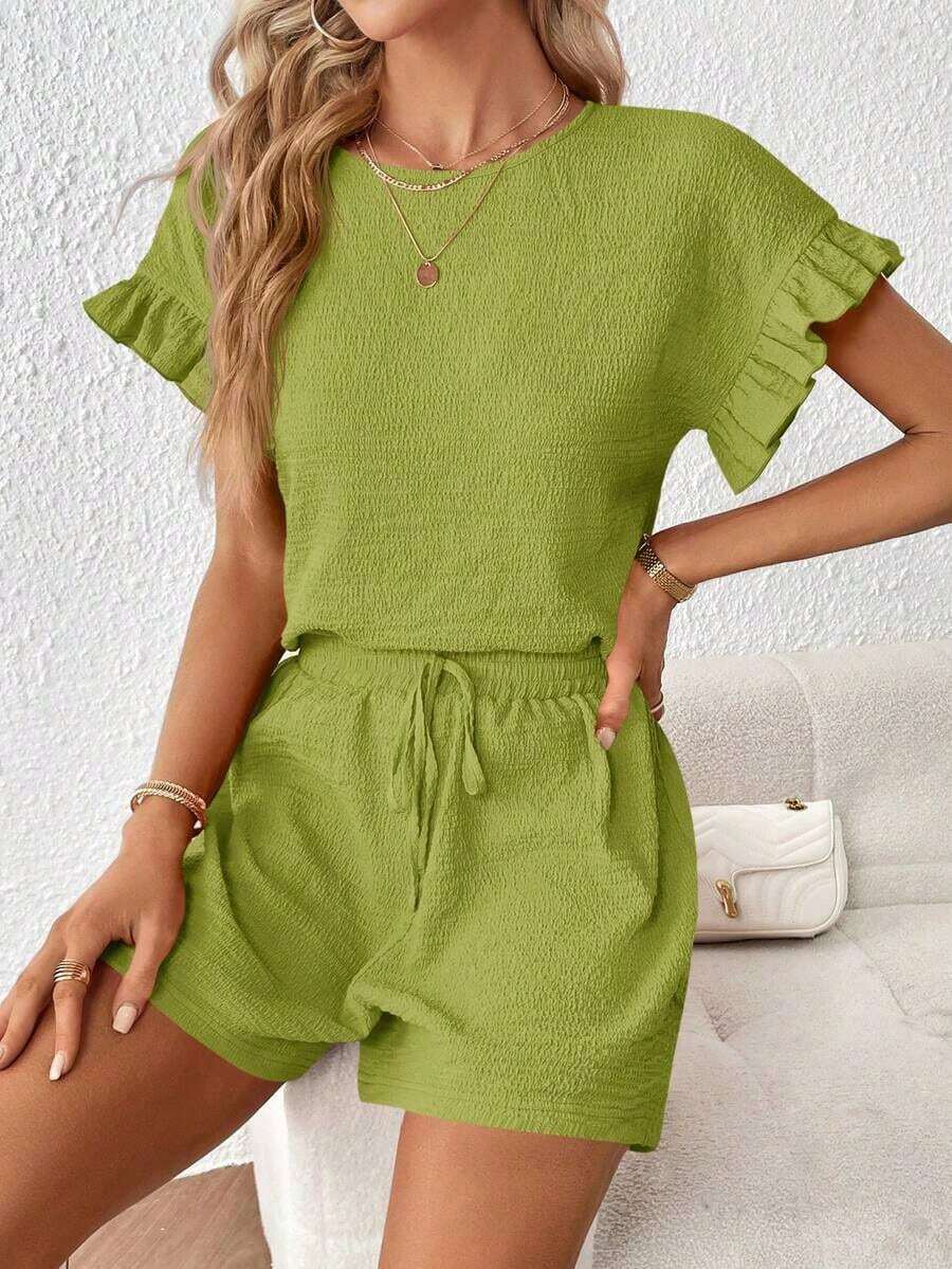 Top de manga con volante & Shorts de cintura con cordón - Verde lima - Ver 1