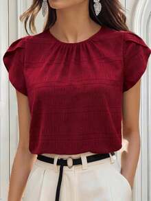 Blusa de manga corta con abertura en la espalda y manga estilo pétalo de unicolor, blusas de manga corta - Rojo - Ver 1