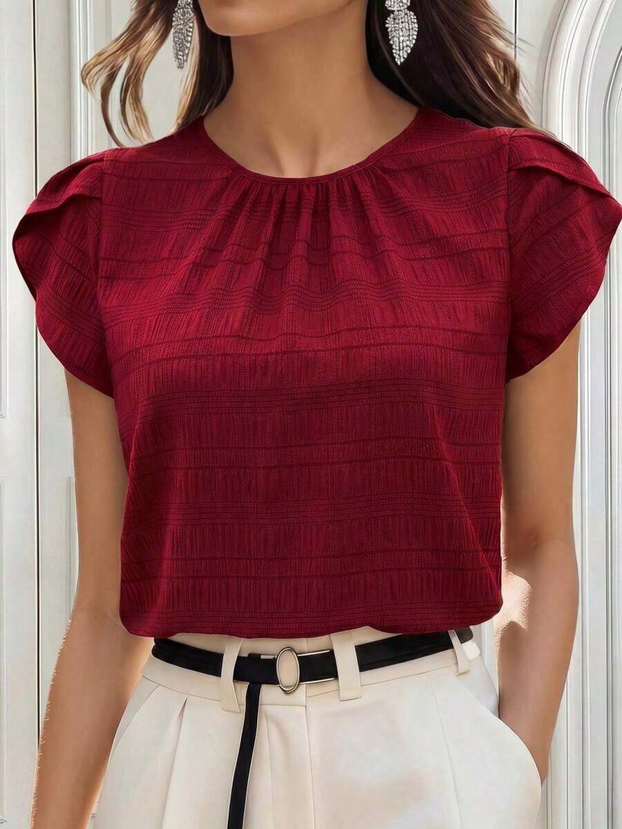 Blusa de manga corta con abertura en la espalda y manga estilo pétalo de unicolor, blusas de manga corta - Rojo - Ver 1