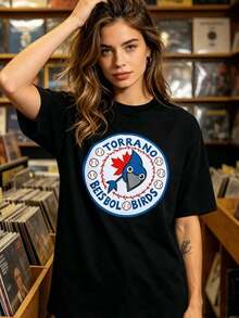 Verano, Nueva Llegada de Verano, Camiseta con Estampado de Dibujos Animados de Béisbol Bluebird, Estilo Deportivo, Manga Corta, Haut été, 100% Algodón - Negro - Ver 2