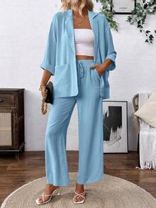 Conjunto de chaqueta y pantalones de unicolor de manga larga para mujer, traje casual - Celeste - Ver 6