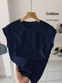 Camiseta de algodón casual de cuello redondo de doble capa con hombros anchos y sin mangas para mujeres, adecuada para uso casual diario, blanco para verano, parte superior de trabajo para verano - Azul marino - Ver 1
