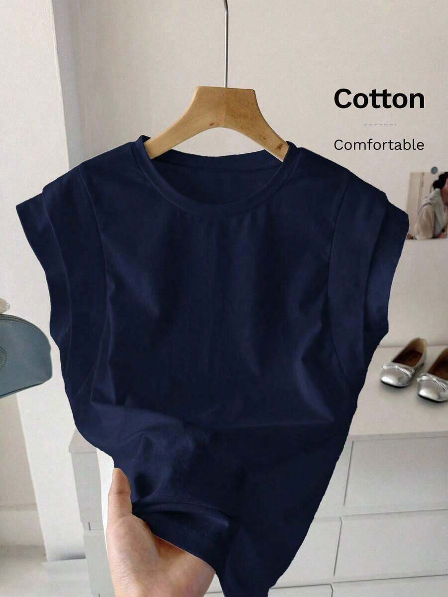 Camiseta de algodón casual de cuello redondo de doble capa con hombros anchos y sin mangas para mujeres, adecuada para uso casual diario, blanco para verano, parte superior de trabajo para verano - Azul marino - Ver 1