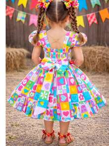 Vestido Infantil Festa Junina Caipira São João Xadrez Laço Quadrilha Dança Escola Quermesse Arraiá Nordeste Fantasia Rainha Da Pipoca Menina Festividade Babado Juvenil Festa Julina Típica - Azul bebê - Visão 3