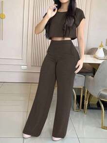 casual y elegante de 2 piezas de unicolor con bolsillos para mujer, apto para primavera/verano - Gris - Ver 4