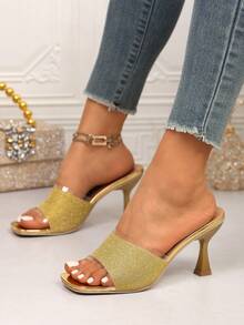 Women's Gold Glitter Kitten Heel Slides, Transparent PVC Square Toe Slip-On Mules Suitable For Parties - Gold - View 5