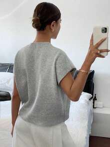 Blusa de punto de unicolor para mujer, simple y de moda, para uso diario.Blusa de punto de color gris sólido con patrón hecho a mano, con bloques de color y ribete negro, con flor 3D, para primavera.Se puede usar fuera, dentro, para uso diari - Gris - Ver 2