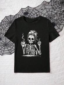 Camiseta casual para mujer de manga corta con cuello redondo, ajuste suelto, con gráfico de esqueleto y flores - Negro 3 - Ver 6
