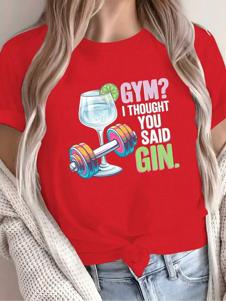 Camiseta de dibujos animados de pesas de ginebra y tónica para mujer, pura y cómoda - [Rojo] - Ver 1
