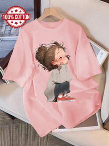 Women's Summer Clothes, Casual Tops With Cartoon Style Of A Woman With Curly Hair, Sheer Short Sleeve T-Shirt With Print And Round Neck [Lang K] - 羅莎 - 查看 6