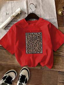 Plus Size, Leopard Print, New Summer T-Shirt For Women, Short Sleeve Top, Fashionable Casual Printed T-Shirt, Elegant Clothing For Women - 紅色 - 查看 6