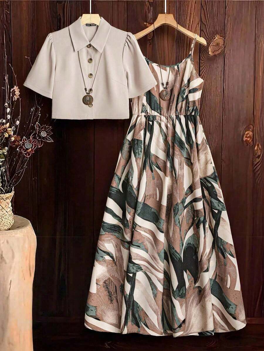 Clasi Conjunto de 2 piezas de camisa efecto denim y vestido de tirantes elegante para mujer, adecuado para ir a trabajar y múltiples ocasiones, atuendos de vacaciones de primavera, verano y playa.Conjunto de falda y blusa, conjunto de dos piezas de denim azul para Pascua. - Multicolor 3 - Ver 1