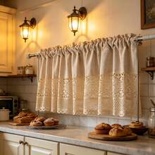 1PC Short Curtain With Japanese-Style Linen Patchwork Crochet Design,Small Window Curtains For Kitchen,Apartment Kitchen Drapes,Kitchen Window Valancem,Cafe Style Half Curtains-Rod Pocket Process - Beige - View 4