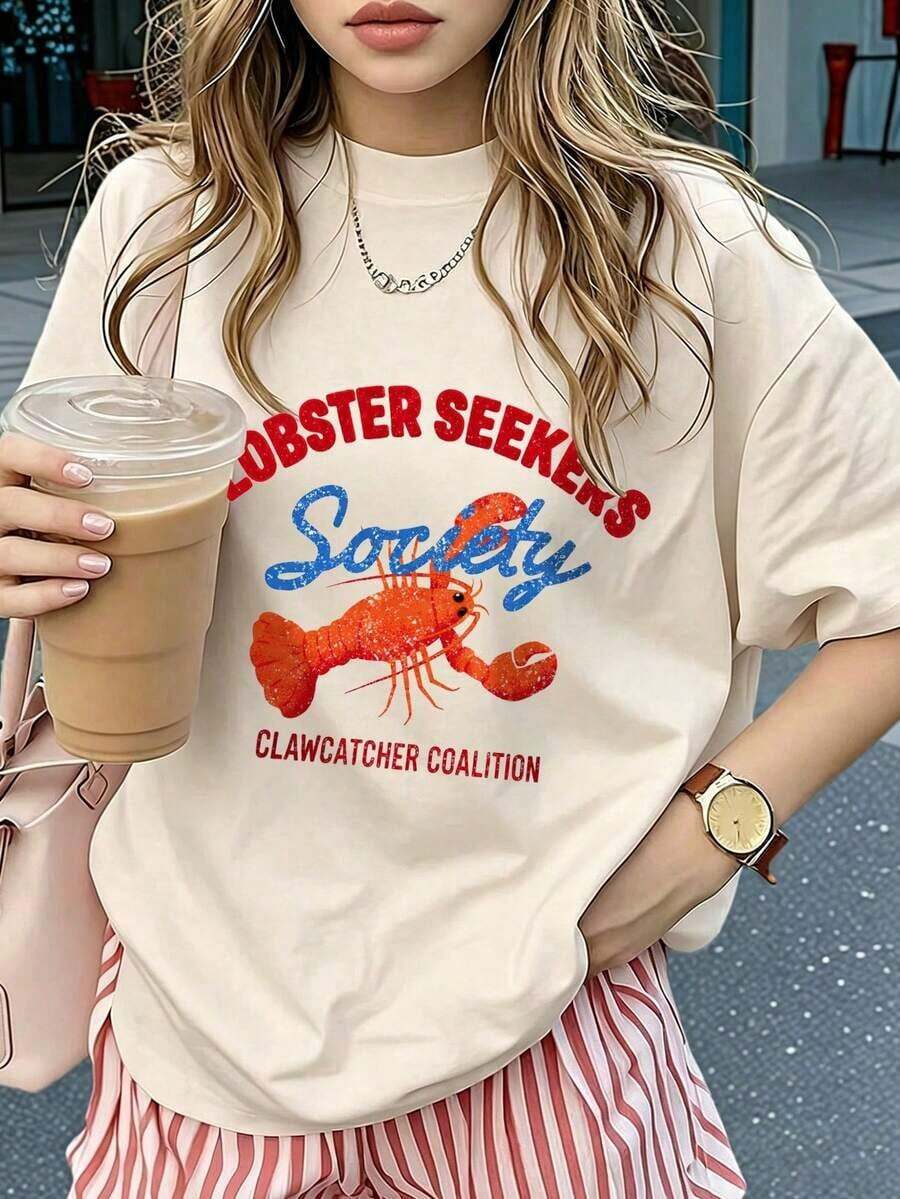 Camiseta holgada de manga corta con cuello redondo y estampado gráfico de la Lobster Seekers Society para mujer, estilo casual de playa y vacaciones - Estilo vintage urbano, unisex, de algodón holgado, manga corta, cuello redondo, blusas para mujer. blusas.blusas casuales para dama. - Albaricoque - Ver 1