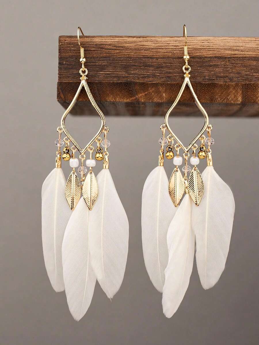 1 paire de boucles d'oreilles pendantes géométriques à plumes, polyvalentes et élégantes pour un port quotidien pour femmes - Classique - Voir 1