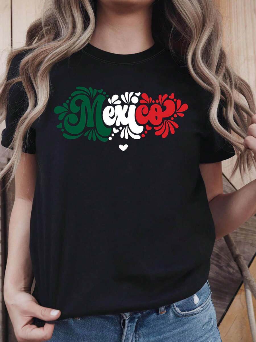 Camiseta de Mujer 2026 con Temática Mexicana - Decoración Floral y Eslogan, Manga Corta Casual, Top Exótico y Festivo para Viajes a México - Negro - Ver 1