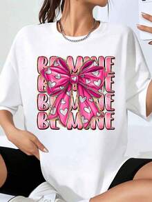 "Be Mine Valentine" T-Shirt With Heart And Pink Bow Design For Women, Romantic And Cute Top, Perfect As A Valentine's Day Gift And For A Romantic Date. - 白色 - 查看 1