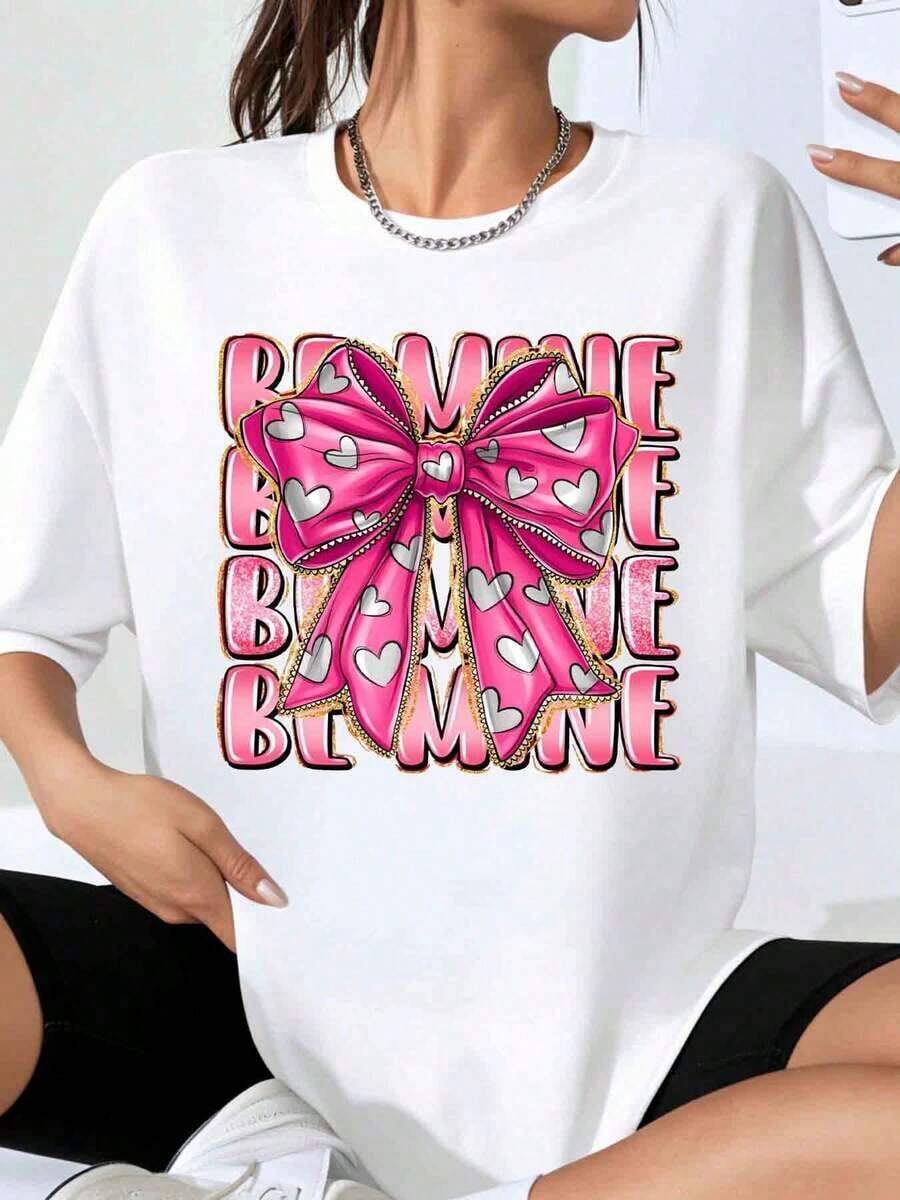 "Be Mine Valentine" T-Shirt With Heart And Pink Bow Design For Women, Romantic And Cute Top, Perfect As A Valentine's Day Gift And For A Romantic Date. - 白色 - 查看 1