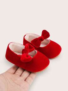 1 Pair Solid Color Newborn Baby Girl Flat Bow Elastic Slip-On Fashion Versatile Cute Princess Shoes, Suitable For Spring And Autumn - Red - View 6