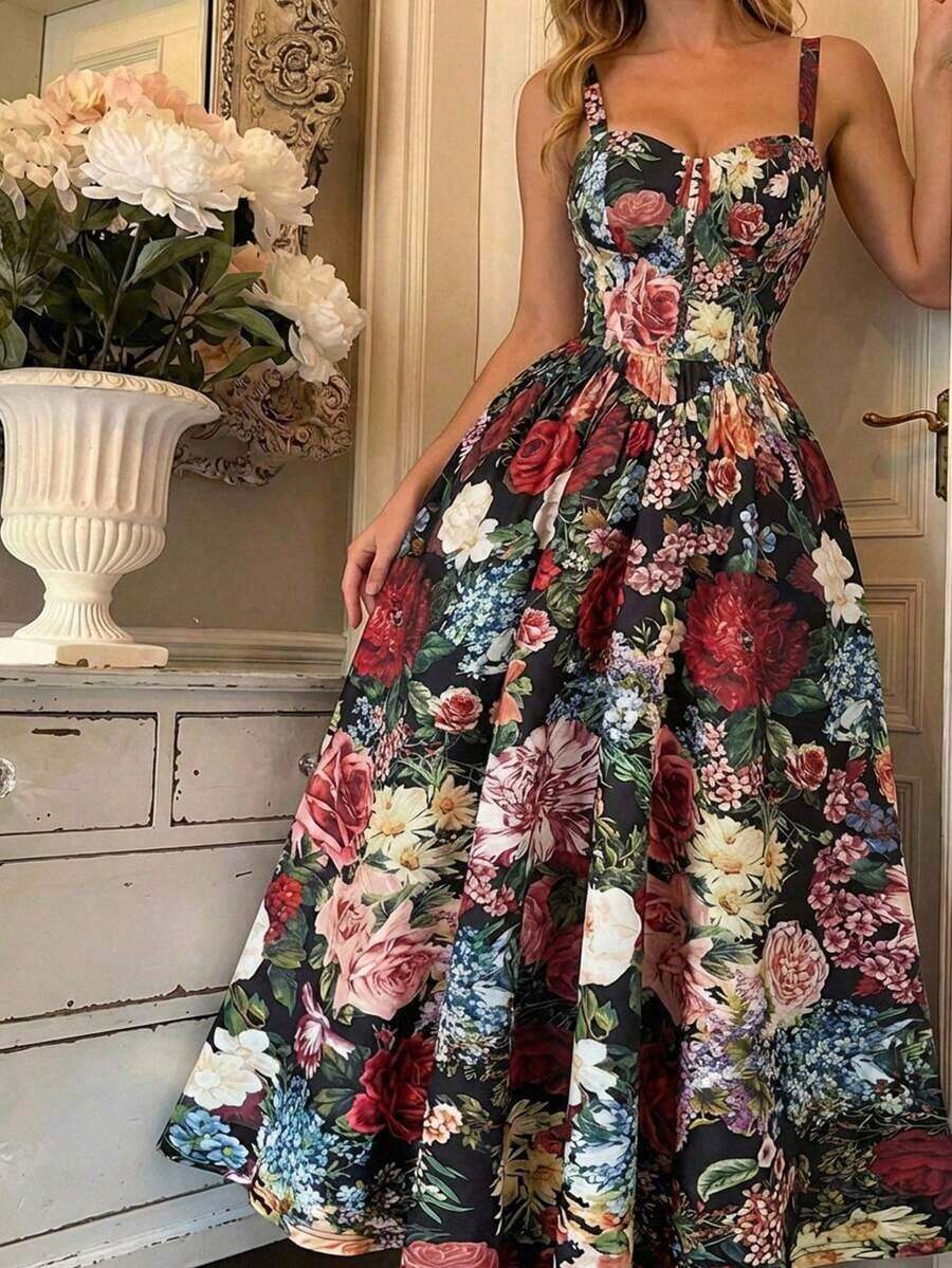 MOD Vestido midi elegante con cintura fruncida y estampado floral vintage para mujer, atuendo de vacaciones, atuendo de verano para mujer, ropa occidental para mujer, atuendo de campo, ropa de playa para vacaciones, Día de San Valentín, vestido bohemio para mujer - Multicolor 2 - Ver 1
