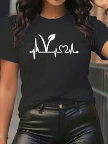 Women's White T-Shirt With Vegan Electrocardiogram And Heart Design, Minimalist Casual Garment, Ideal For Expressing Your Lifestyle With Simplicity, 2026 Season - 黑色 - 查看 2