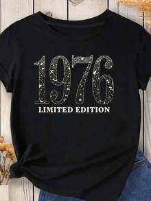 1 Camiseta Vintage de Edición Limitada 1976 para Mujer - Estampado Retro de los 70 con Número 1976 Brillante, , Cuello Redondo y Manga Corta para Fiestas Temáticas de los 70, Regalo de Cumpleaños, Conjunto Nostálgico de los 70 - Negro - Ver 9