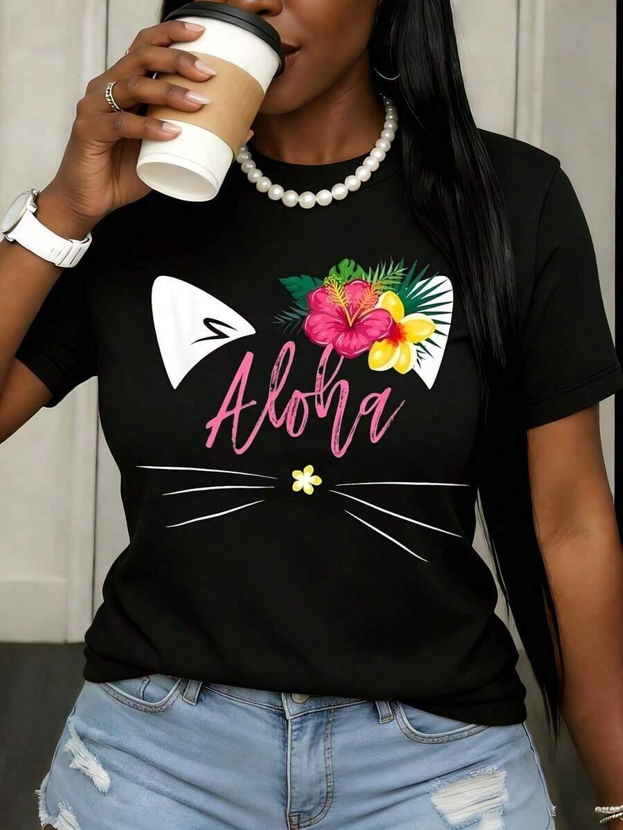 Under The Radar Women's Aloha Cat Face Floral Design T-Shirt, Hawaiian Summer Style, Casual Top With Pearl Necklace And Coffee Cup - Vintage Urban Style, Unisex, Cotton, Short Sleeve, Crew Neck, Loose Fit - 黑色 - 查看 1