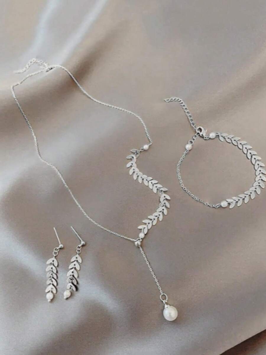 Bộ 3 món thiết kế độc đáo hình bông lúa mì, gồm dây chuyền, bông tai và vòng tay ngọc trai, phong cách tối giản. - Bạc - Xem 1