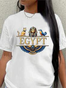 Short-Sleeve T-Shirt With Egyptian Pharaoh Print - Black Design Featuring Tutankhamun And Anubis, Lightweight And Durable Polyester Fabric, Crew Neck For Casual And Themed Events, Machine Washable, Ancient Egyptian Style. Women's Casual Blouse - 白色 - 查看 1