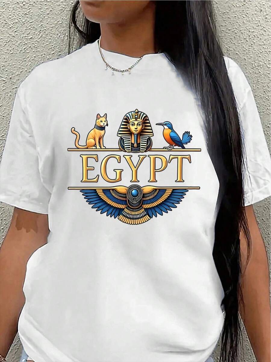 Short-Sleeve T-Shirt With Egyptian Pharaoh Print - Black Design Featuring Tutankhamun And Anubis, Lightweight And Durable Polyester Fabric, Crew Neck For Casual And Themed Events, Machine Washable, Ancient Egyptian Style. Women's Casual Blouse - 白色 - 查看 1