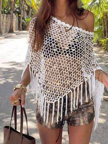 Khăn choàng nữ kiểu Boho móc len bóng bẩy, viền tua rua đính sequin, thích hợp cho mùa xuân/hè, đi biển, tiệc bể bơi, lễ hội âm nhạc. - trắng - Xem 5