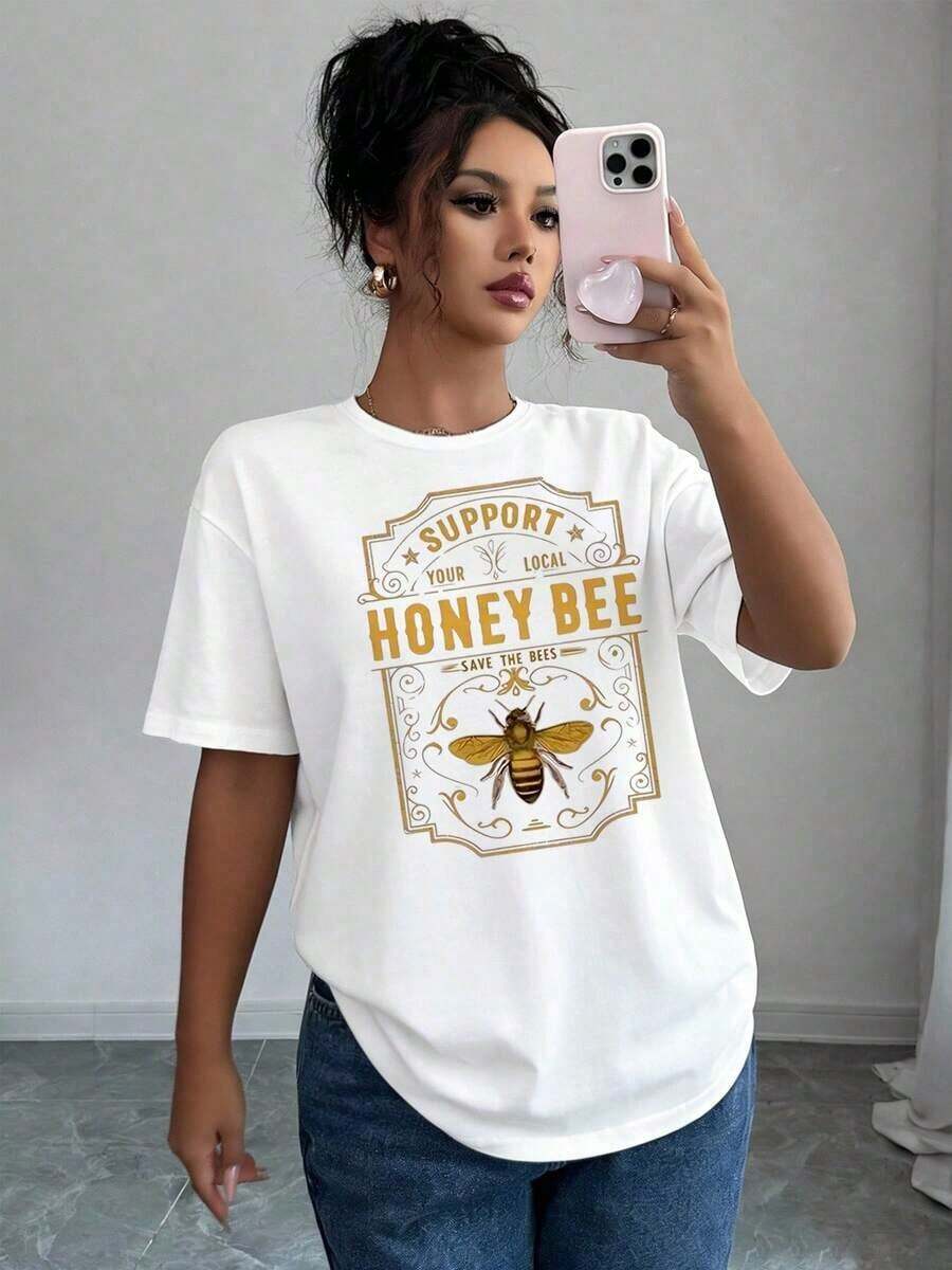 Graphic Print T-Shirt Promoting Bee Welfare, Perfect For Casual Summer And Spring Wear, Designed For Women. Cotton T-Shirt, Ideal Gift. - White - View 1