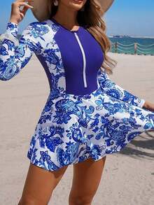 Swim Lushoire Traje de baño de una pieza con estampado de hojas tropicales en patchwork negro, con cierre delantero, conservador para vacaciones, surf y deportes - Multicolor 2 - Ver 6