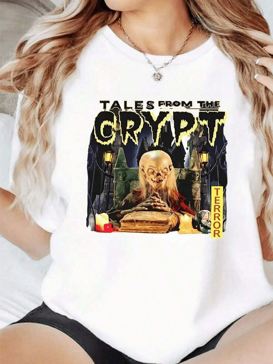 Tales From The Crypt Horror 1pcs Women's 100% Cotton Graphic Vintage Digital Print T Shirt Casual Loose Fit T-Shirt Casual Blouses For Lady - 白色 - 查看 1