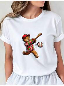 Men's Soft T-Shirt With Christmas Print Of Baseball Player And Gingerbread Man, Casual Crew Neck, Slightly Stretchy, Loose-Fitting Fabric, Suitable For Holiday Wear. 01 Casual Crew Neck T-Shirt, Comfortable Clothing For Women. New Summer T-Shirt For Women, Casual And Comfortable Crew Neck Top. - 白色 - 查看 1