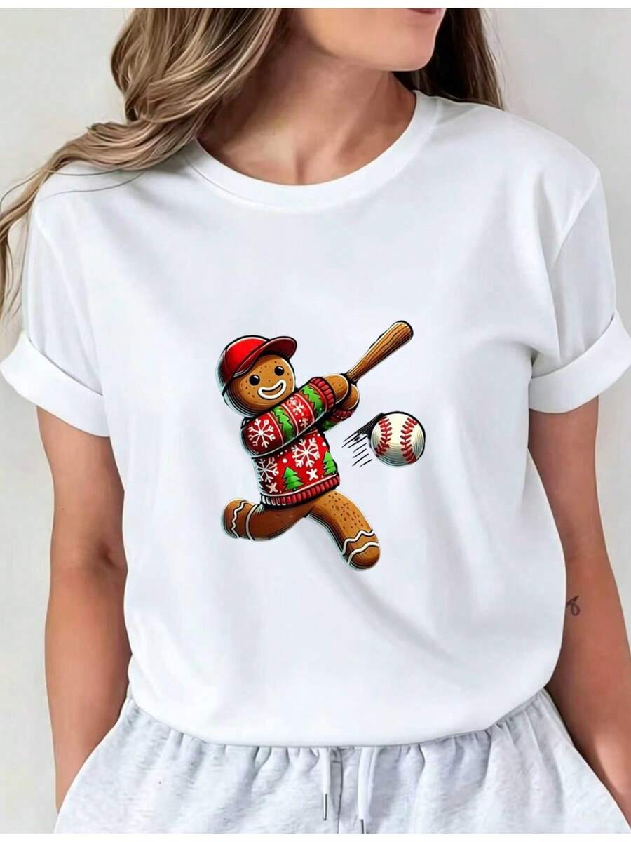 Men's Soft T-Shirt With Christmas Print Of Baseball Player And Gingerbread Man, Casual Crew Neck, Slightly Stretchy, Loose-Fitting Fabric, Suitable For Holiday Wear. 01 Casual Crew Neck T-Shirt, Comfortable Clothing For Women. New Summer T-Shirt For Women, Casual And Comfortable Crew Neck Top. - 白色 - 查看 1